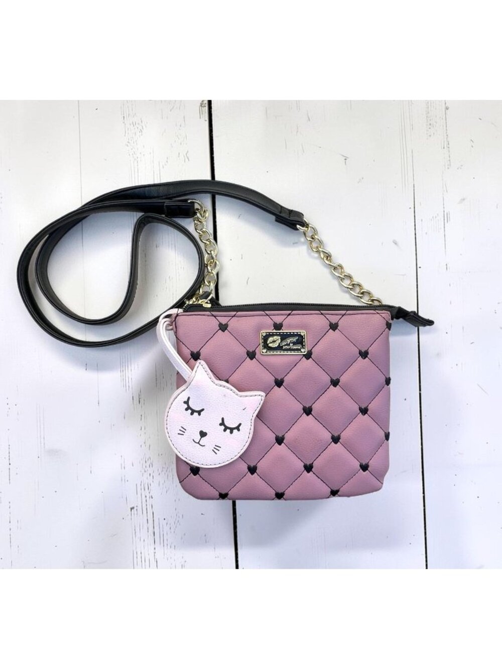 Betsey Johnson Quilted Pink Crossbody Purse With Cat Charm & Gold Chain Strap